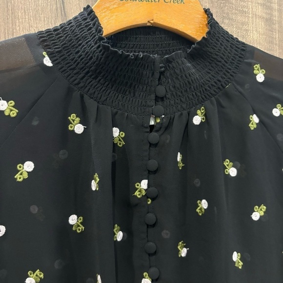 Cabi Medium Top Black Sheer Floral Embroidered Mock Neck Quarter Button Down - Picture 5 of 13